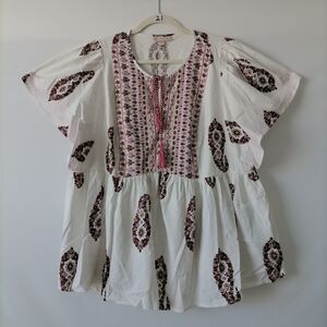 Knox Rose Women's White Paisley Flutter Short Sleeve Peasant Blouse Top Size XXL